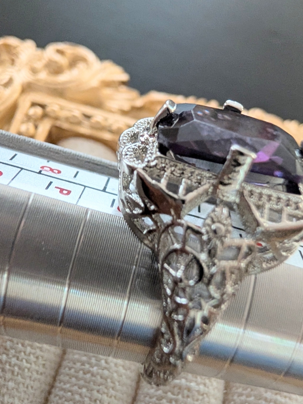 Gothic Style .925 Silver Ring with Purple Glass Gem - Picture 11 of 12